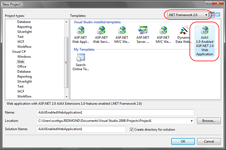 使用VS 2008创建启用了ASP.NET AJAX 1.0的新ASP.NET 2.0项目