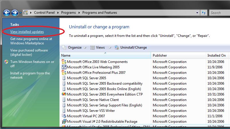 Remove Program Updates In Control Panel